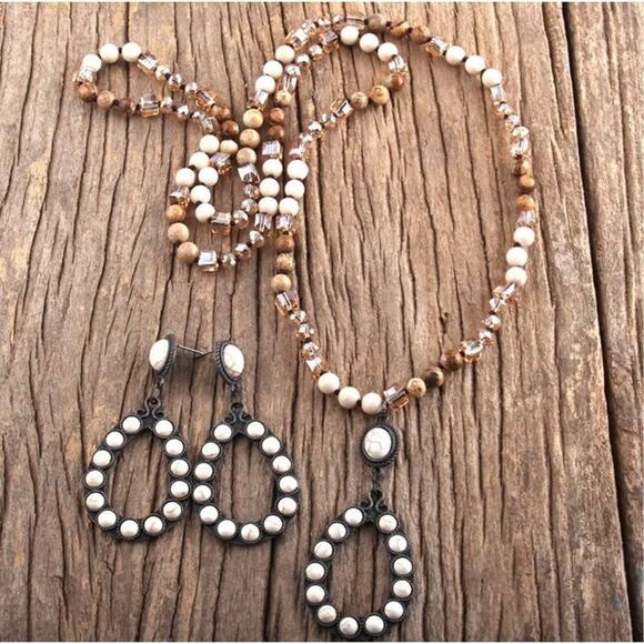 Boho Natural stone white brown beaded long statement necklace earring set - Picture 1 of 2